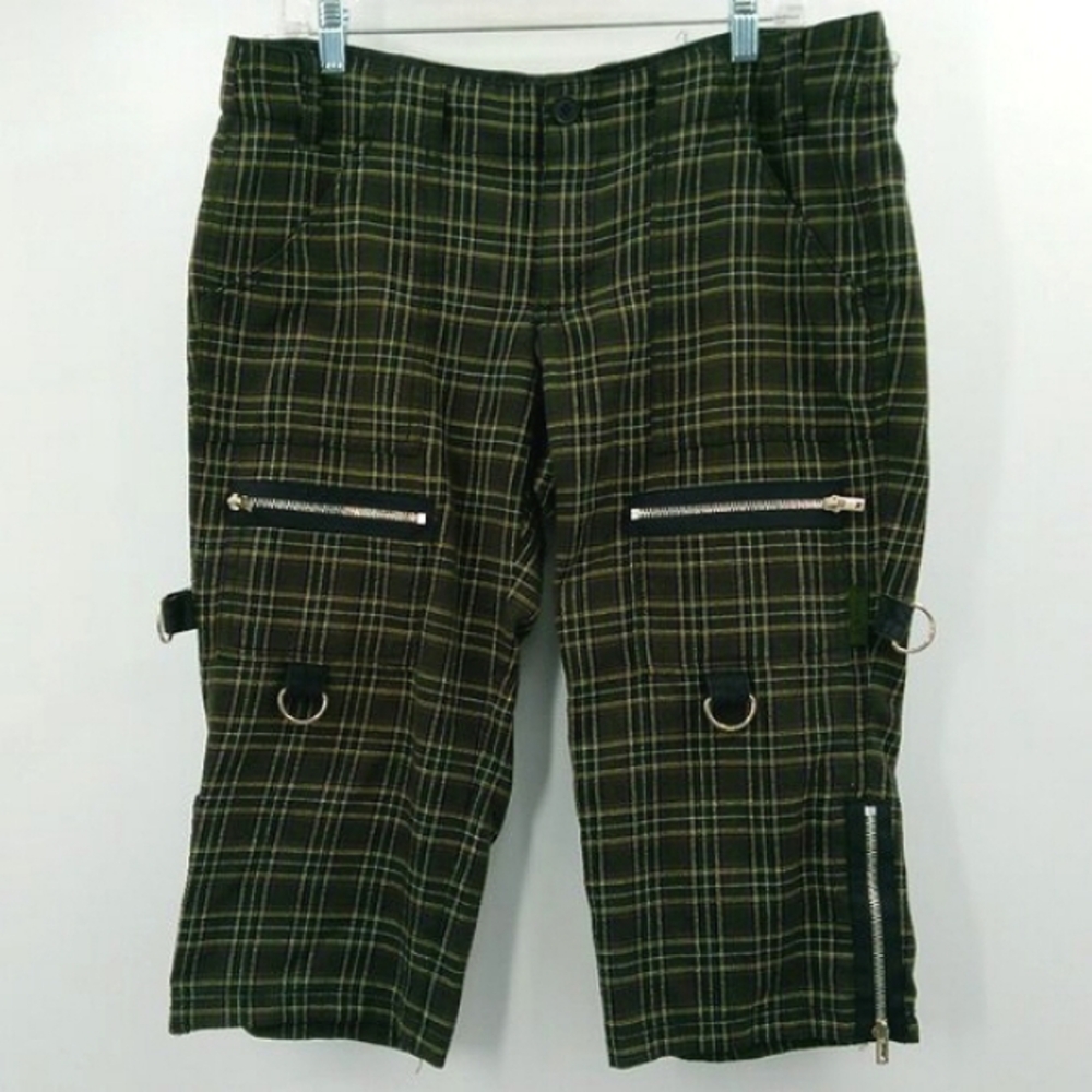 VINTAGE Tripp NYC Womens 13 Green Plaid Metal Ring Punk Low Rise Shorts Capri - Picture 13 of 13